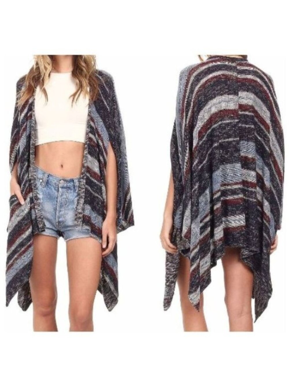 Free People Blue Striped Indigo Combo "Big Trail" Open Poncho Cardigan, Size M